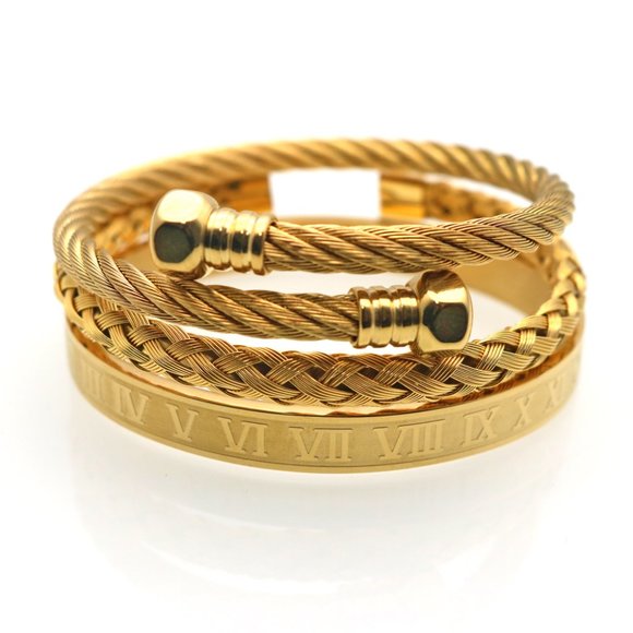 New! 3 Piece Royal Roman Bracelets Bangles Adjustable Gold
